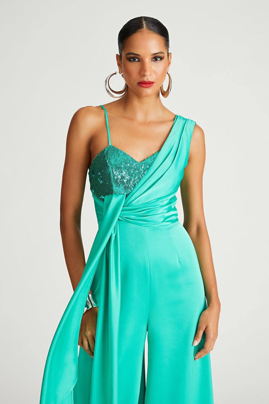 Halston Heritage Khi Jumpsuit In Satin & Sequin