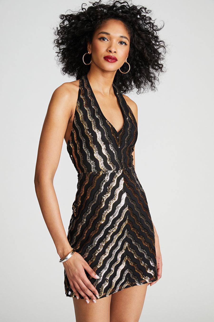 Halston Heritage Nidya Dress In Wavy Sequin