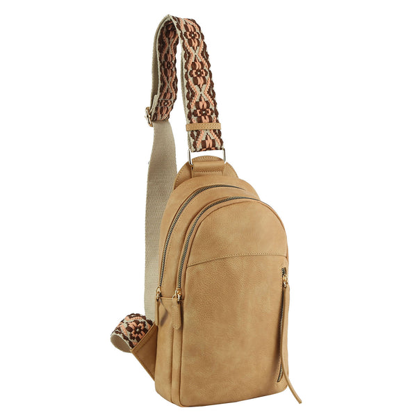 Handbag Republic Aztec Strap Double Zip Unisex Crossbody Sling Bag Tan