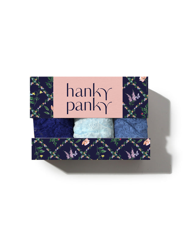 Hanky Panky 3 Pack Signature Lace® Low Rise Thongs In Printed Box Odyssey Blue