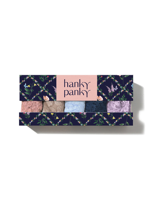 Hanky Panky 5 Pack Signature Lace® Low Rise Thongs In Printed Box Lavender Fields