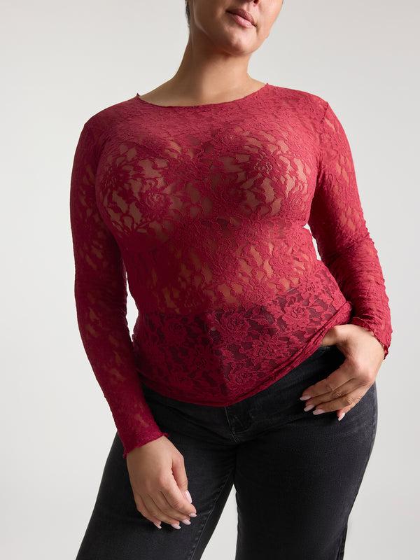 Hanky Panky Plus Size Signature Lace® Long Sleeve Top Wild Berries Red