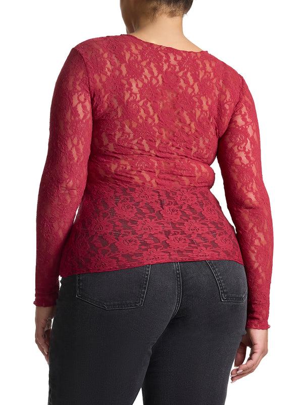 Hanky Panky Plus Size Signature Lace® Long Sleeve Top Wild Berries Red
