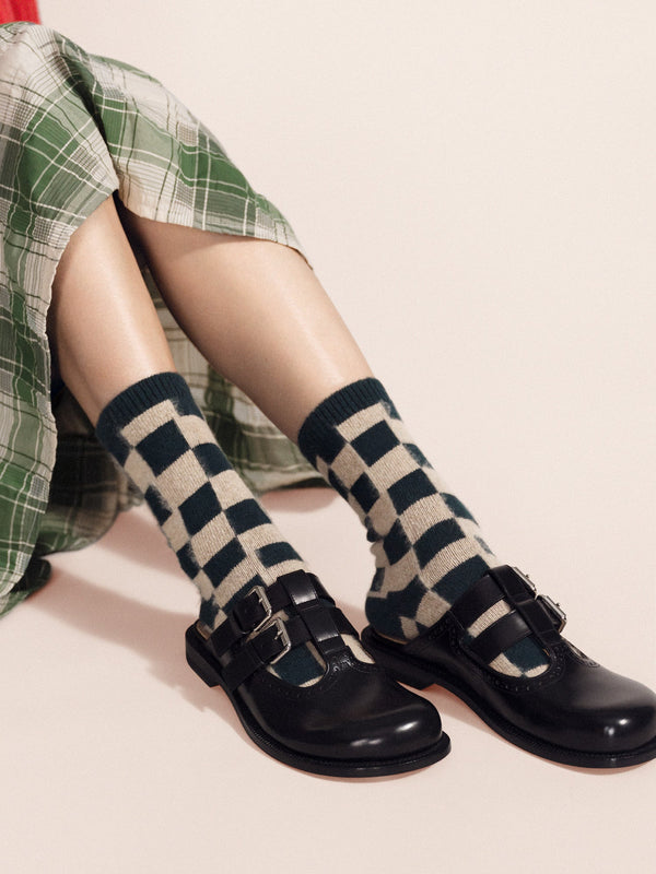 Hansel From Basel Dash Checkered Cashmere Crew Forest Green