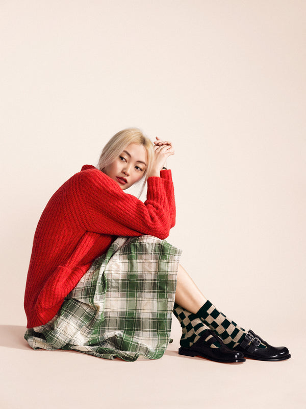 Hansel From Basel Dash Checkered Cashmere Crew Forest Green