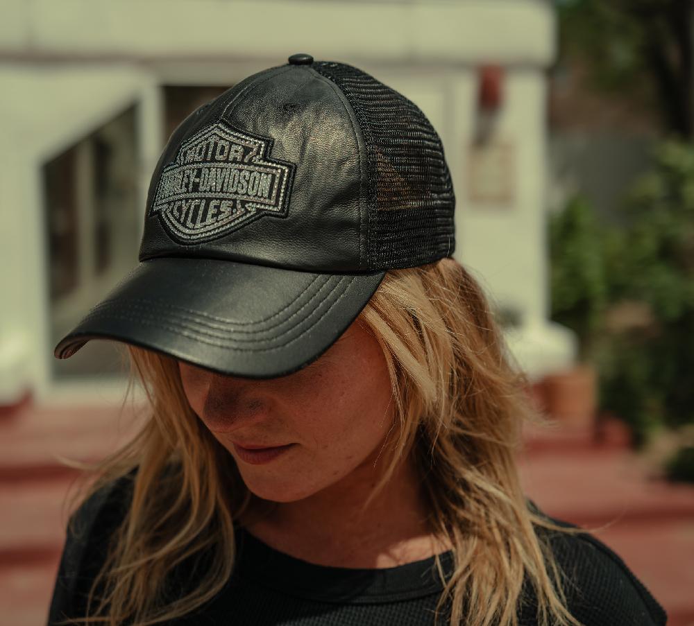Harley Bling Bar & Shield Leather Trucker Cap
