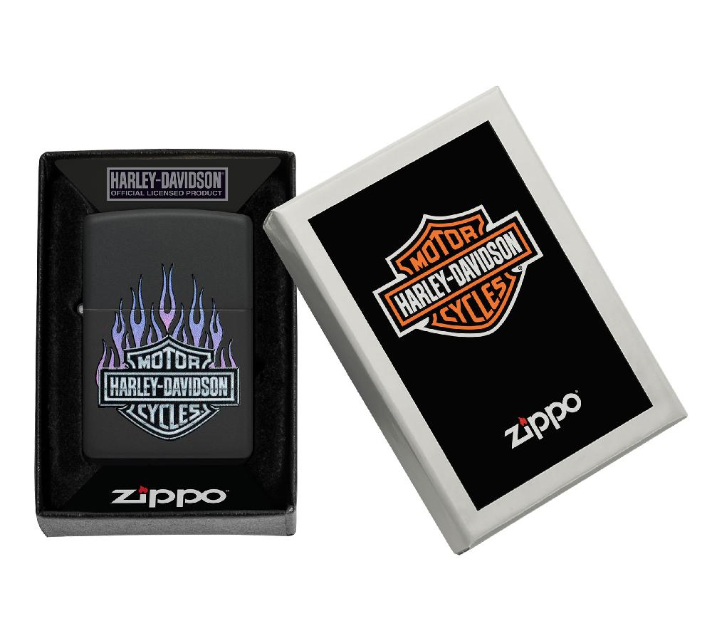 Harley Harley-Davidson® Bar And Shield Logo With Flames Color Image Black Matte Windproof Lighter