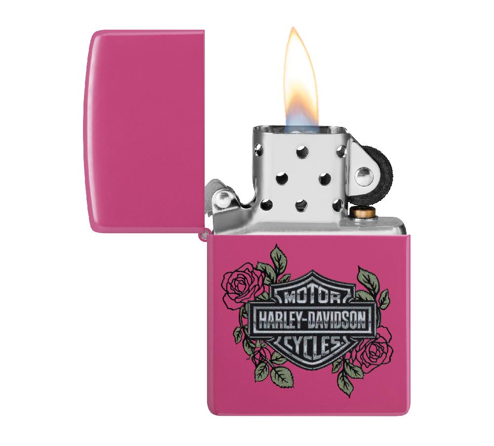 Harley Harley-Davidson® Bar And Shield Logo With Roses Color Image Pink Matte Windproof Lighter