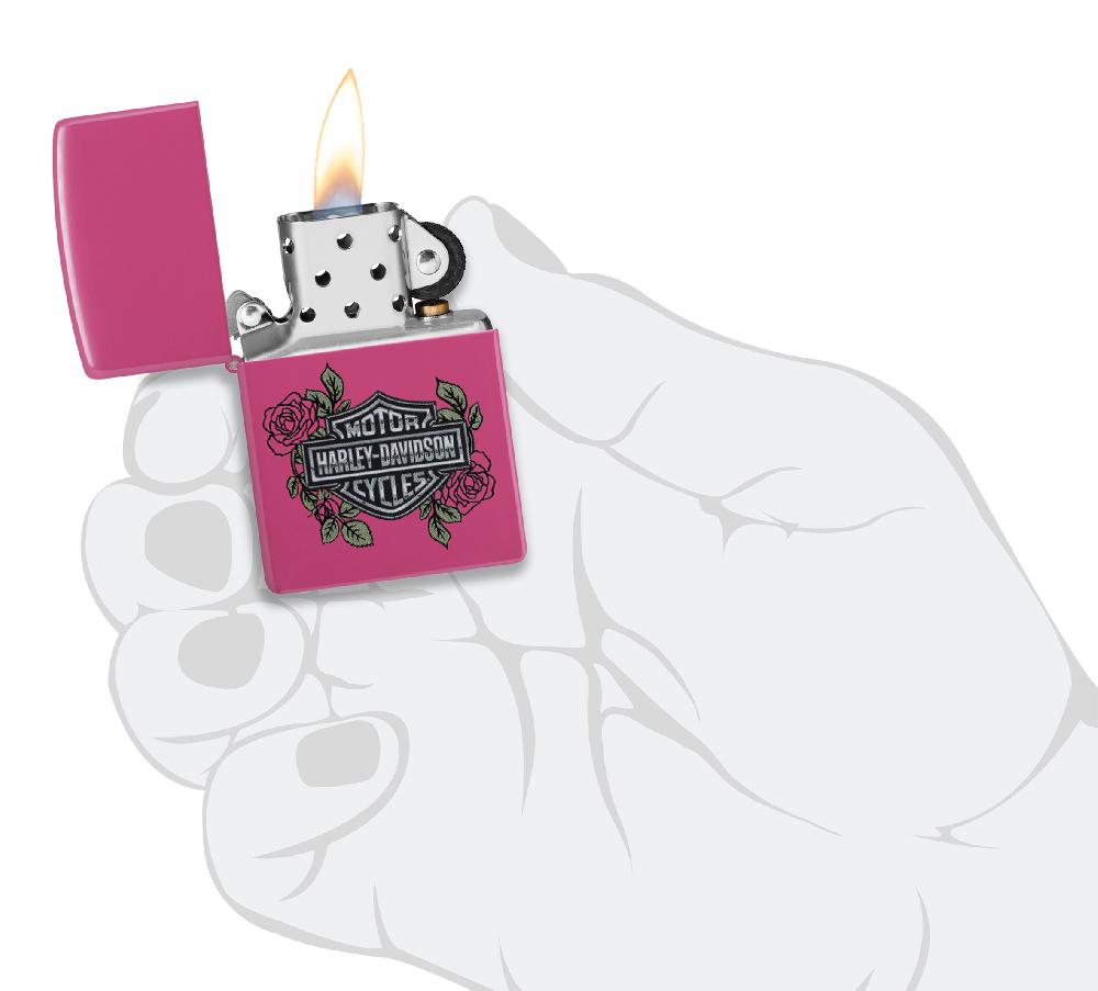 Harley Harley-Davidson® Bar And Shield Logo With Roses Color Image Pink Matte Windproof Lighter