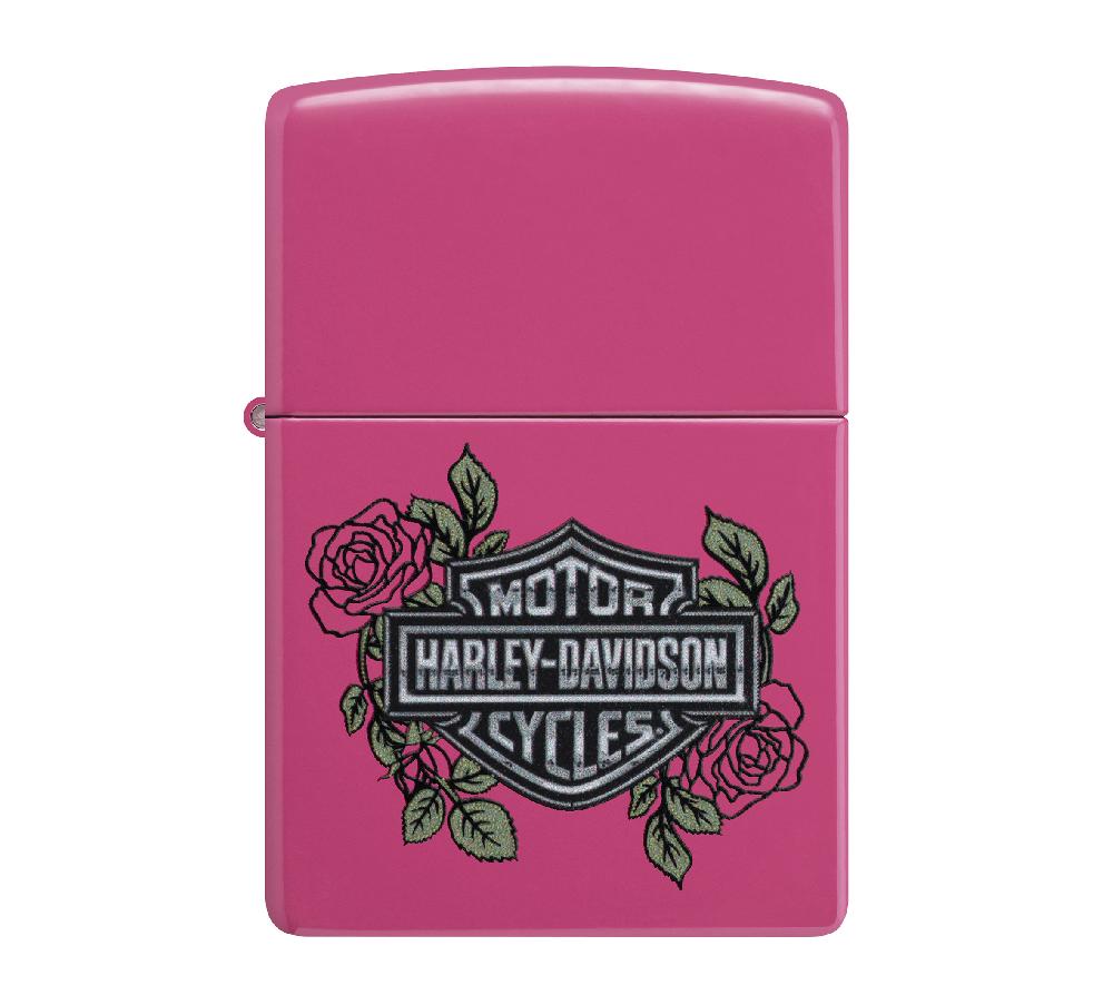 harley Harley-Davidson® Bar and Shield Logo with Roses Color Image Pink Matte Windproof Lighter
