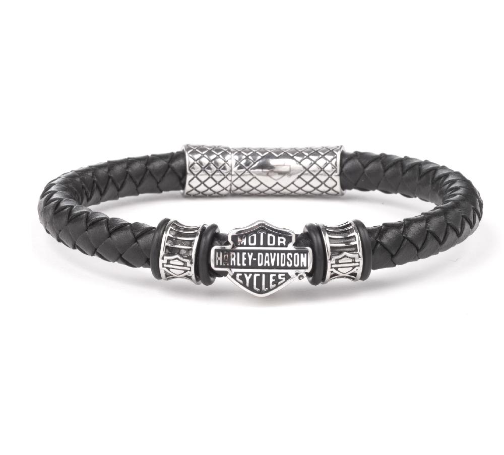 Harley Men's Bar & Shield Braided Leather Bracelet