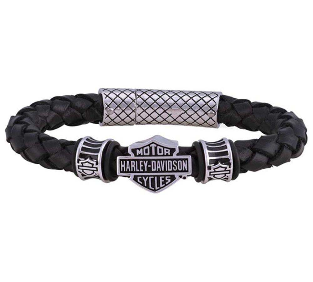 harley Men's Bar & Shield Braided Leather Bracelet