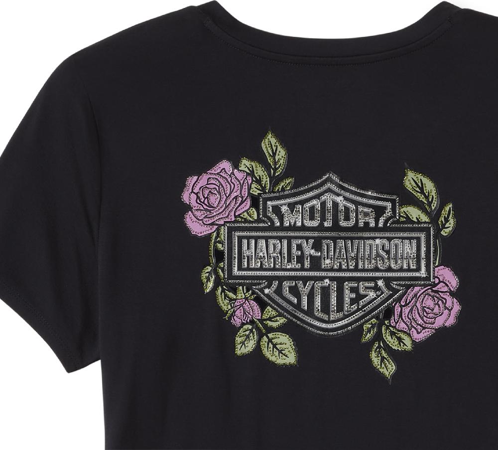 Harley Women's Rose & Thorn Bling V Neck Tee