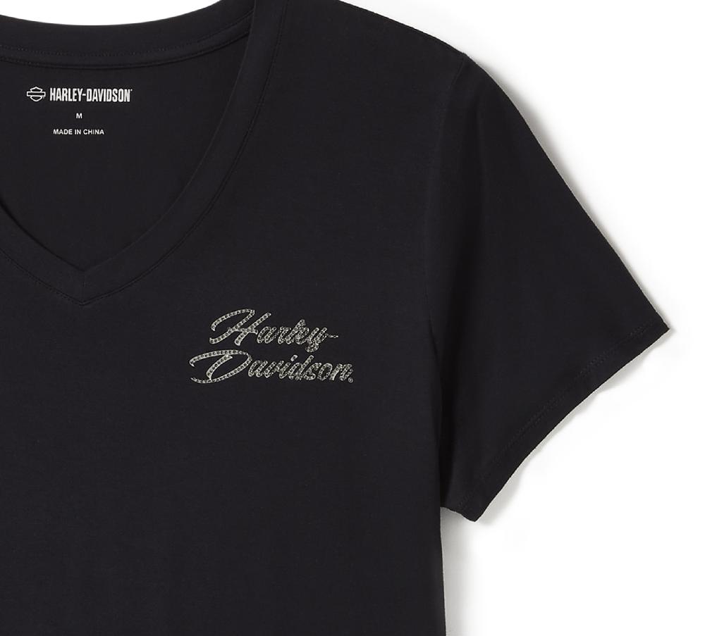 Harley Women's Rose & Thorn Bling V Neck Tee