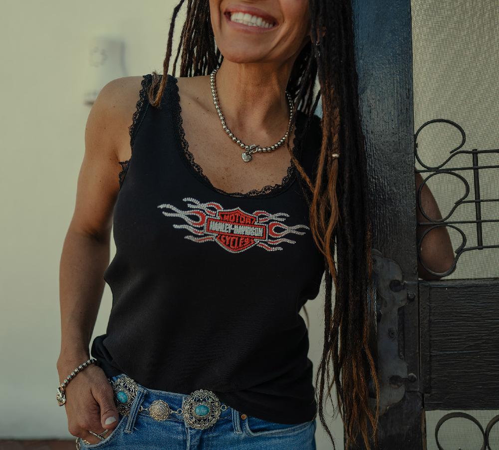 Harley Women's Vintage Flames Bling Lace Trim Tank