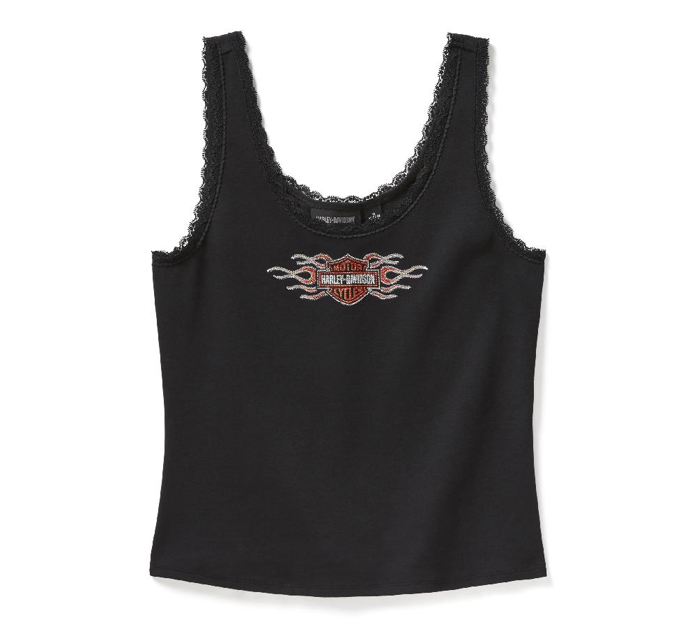 harley Women's Vintage Flames Bling Lace Trim Tank