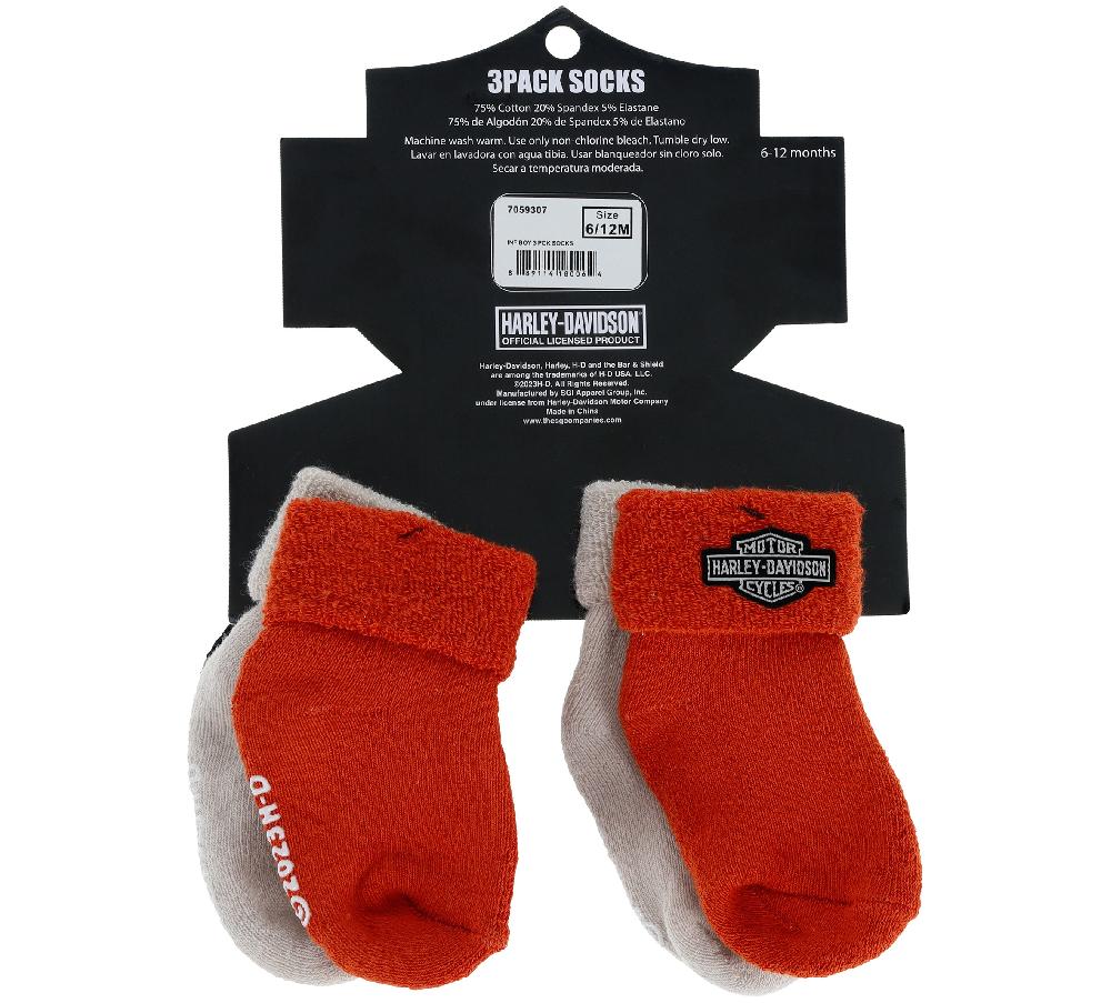 Harley Infant Boy's 3 Pack Sock's In Black / Orange / Dusty Cream