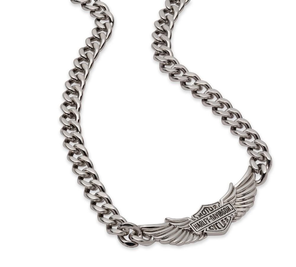 Harley Men's 24" Bar & Shield Wings Curb Chain Necklace