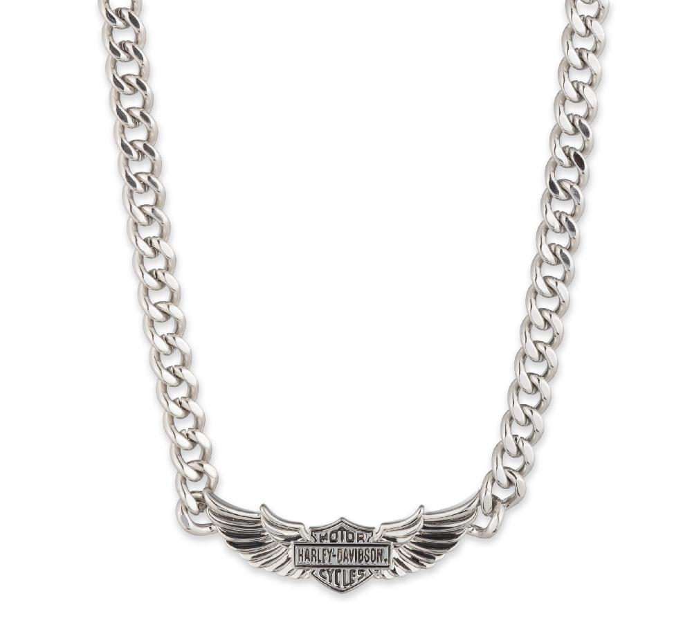 harley Men's 24" Bar & Shield Wings Curb Chain Necklace