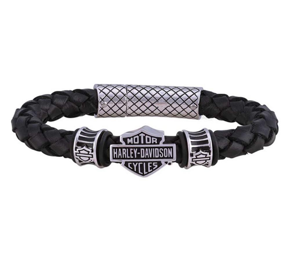 harley Men's 9" Bar and Shield Braided Leather Cuff Bracelet