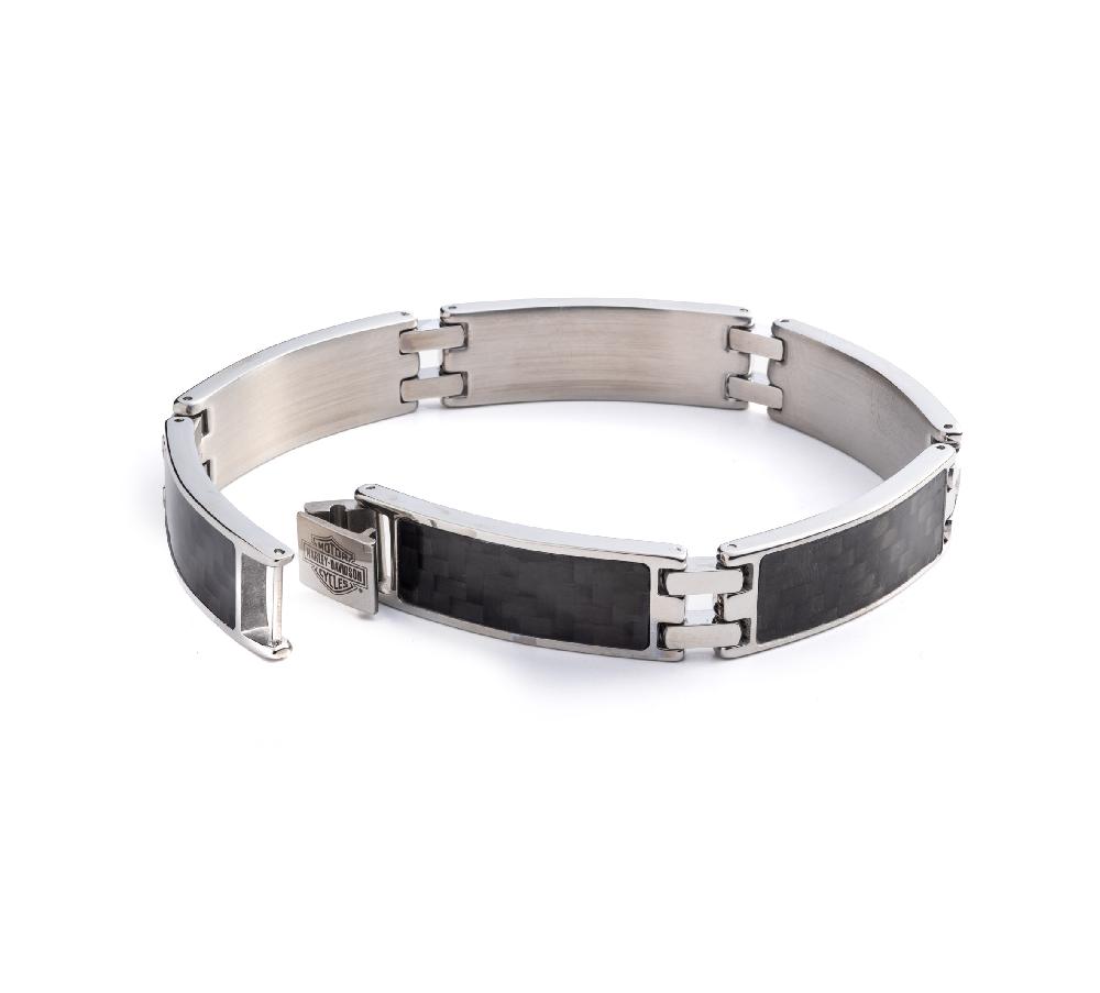 Harley Men's 9" Bar & Shield Logo With Black Carbon Fiber Flex Bracelet