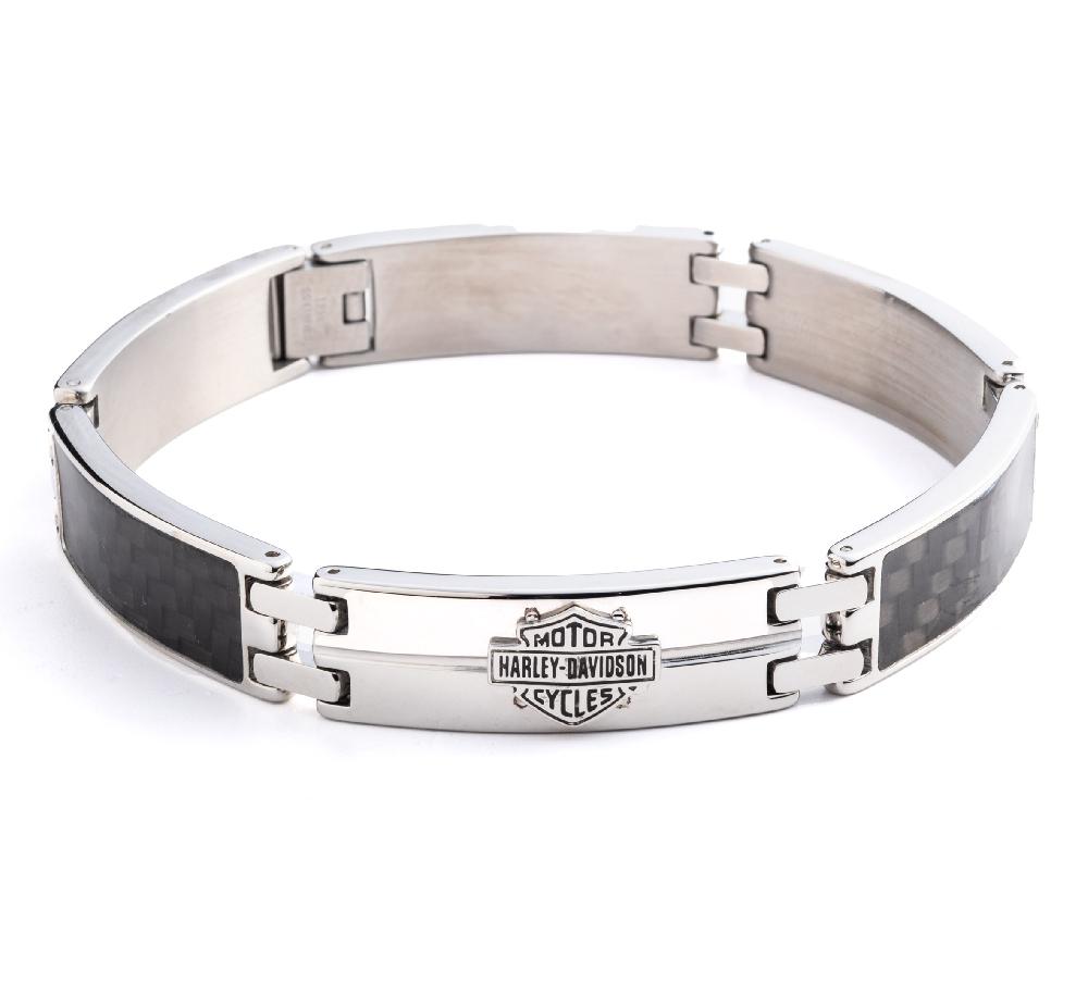 harley Men's 9" Bar & Shield Logo with Black Carbon Fiber Flex Bracelet