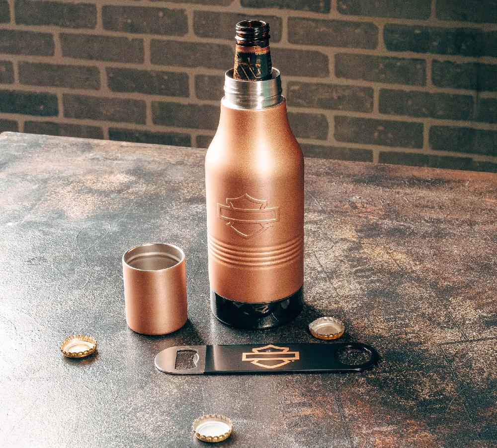 Harley Open Bar & Shield Stainless Steel Bottle Cooler & Opener Set