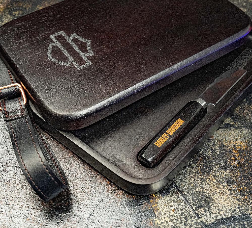 Harley Open Bar & Shield Wood Cutting Board & Knife Set
