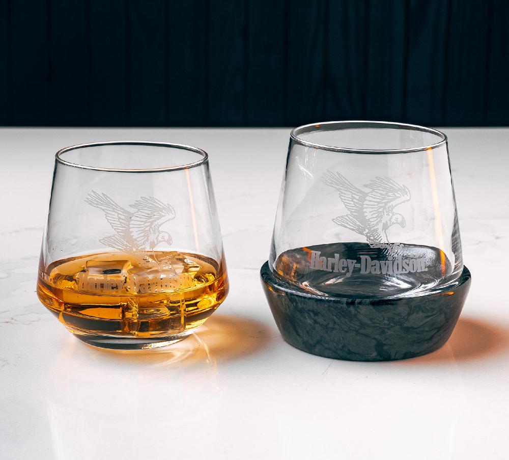 Harley Swooping Eagle Stone Base DOF Glass Set Of 2