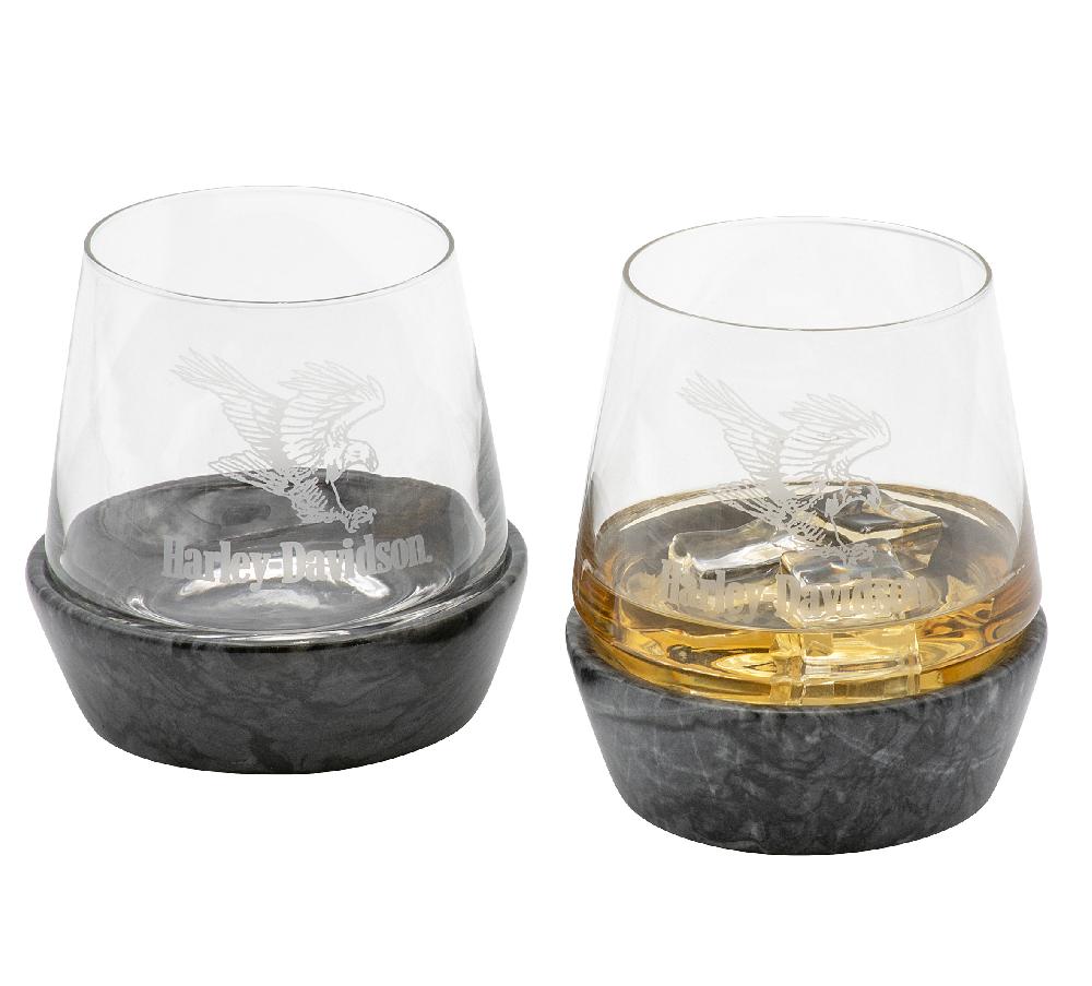 harley Swooping Eagle Stone Base DOF Glass Set of 2