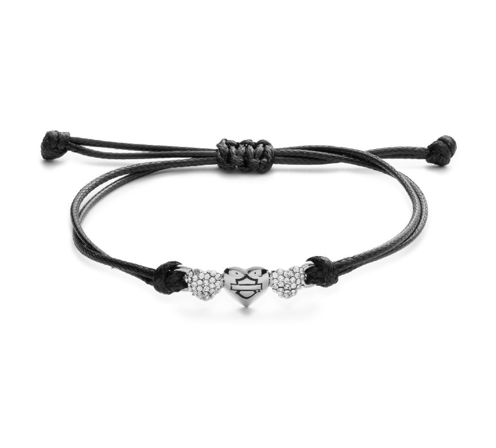 Harley Women's Bar & Shield Triple Heart Wax Cord Bracelet