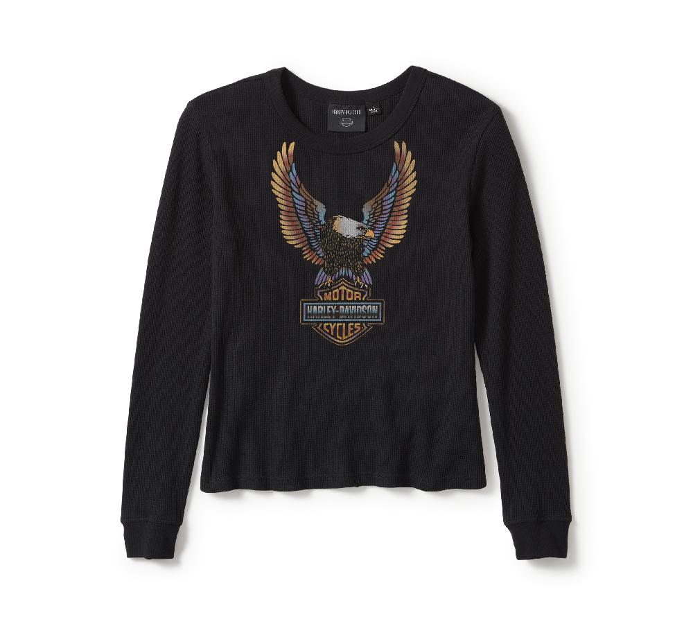 harley Women's Neon Eagle Distressed Waffle Knit Long Sleeve