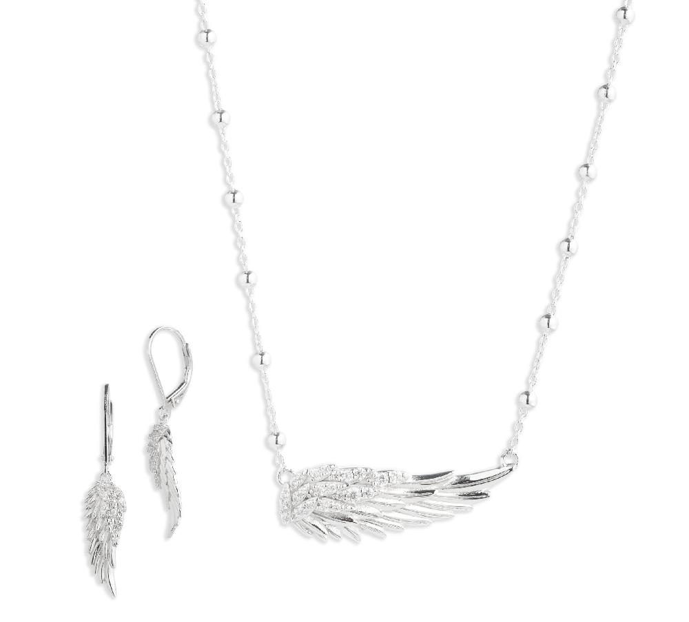 harley Women's Sterling Silver Horizontal Wing Necklace and Earring Set
