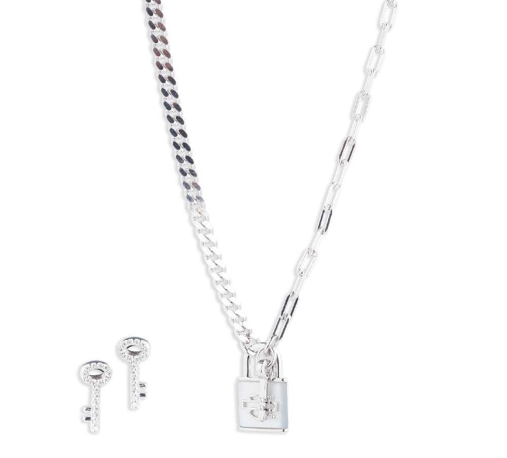 harley Women's Sterling Silver Padlock and Key Necklace and Earring Set