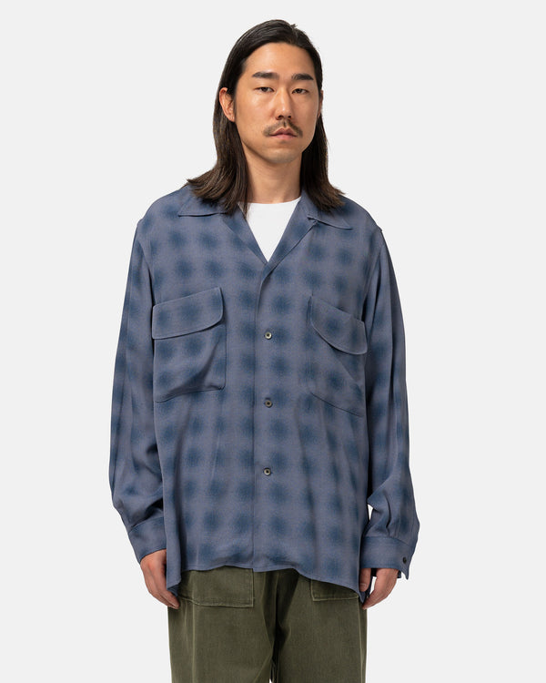 Haven Blurred Ombre Plaid Open Collar Shirt Navy