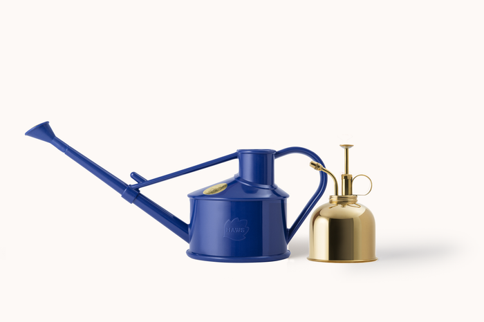 haws The Langley Sprinkler - Houseplant Set - Blue & Brass Indoor Plastic Watering Can and Spritzer Bundle
