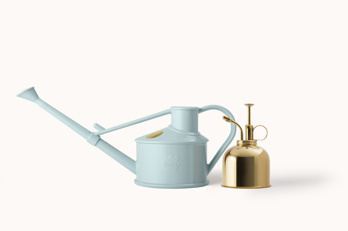 haws The Langley Sprinkler - Houseplant Set - Duck Egg Blue & Brass Indoor Plastic Watering Can and Spritzer Bundle