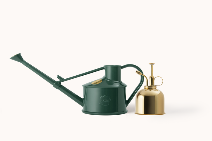 haws The Langley Sprinkler - Houseplant Set - Green & Brass Indoor Plastic Watering Can and Spritzer Bundle