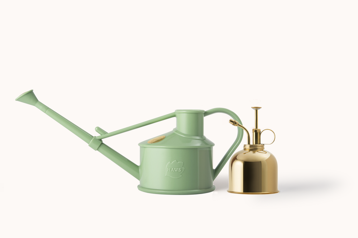haws The Langley Sprinkler - Houseplant Set - Sage & Brass Indoor Plastic Watering Can and Spritzer Bundle