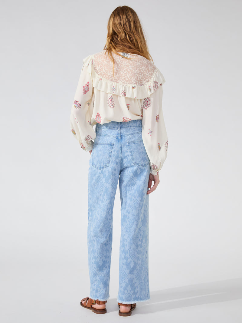 Hayley Menzies Dylan Laser Printed Cropped Wide Leg Jeans Light Blue