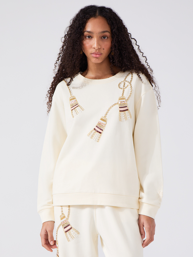 hayley menzies Tassel Embellished Sweatshirt Cream