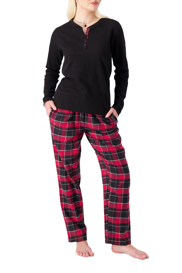 Heat Holders Felicity Waffle Top/Flannel Pants Pajama Set Black/Red/Black
