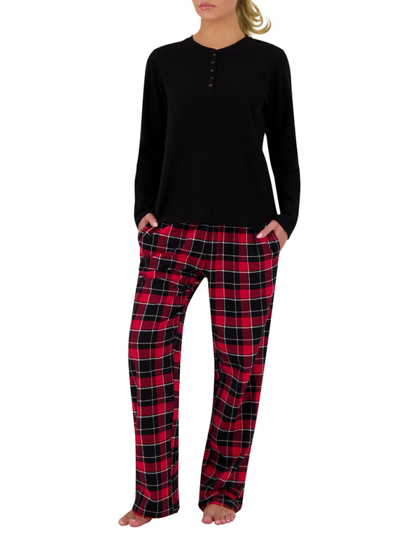 heat holders Felicity Waffle Top/Flannel Pants Pajama Set Black/Red/Black