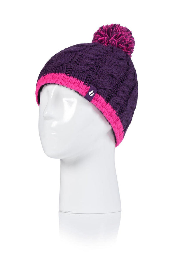 Heat Holders Kids' Cable Knit Pom Pom Hats Plum Purple/Bright Pink