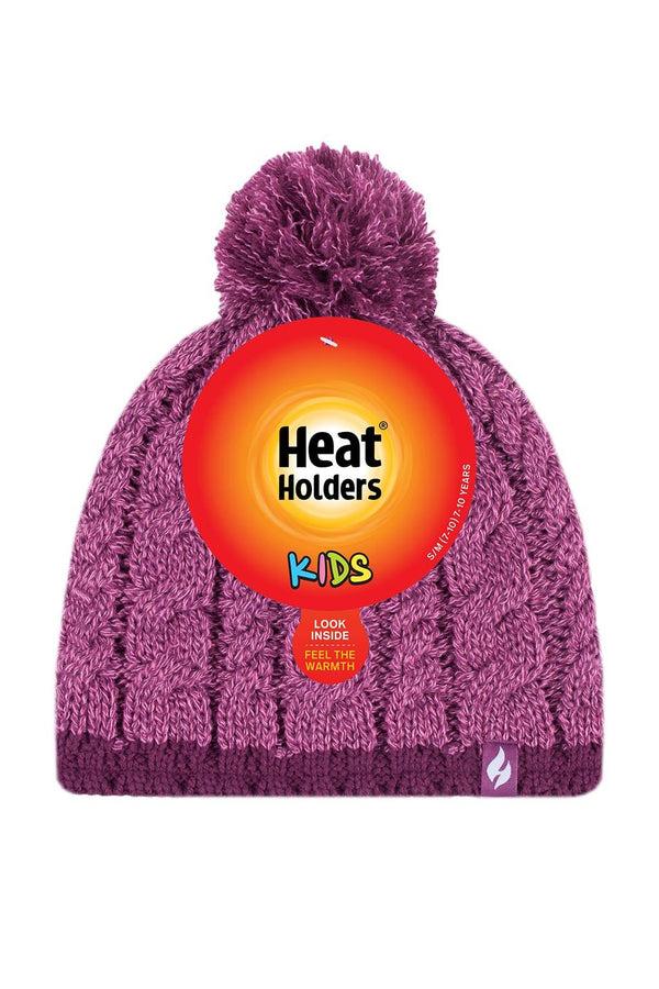 Heat Holders Kids' Cable Knit Pom Pom Hats Plum Purple/Bright Pink