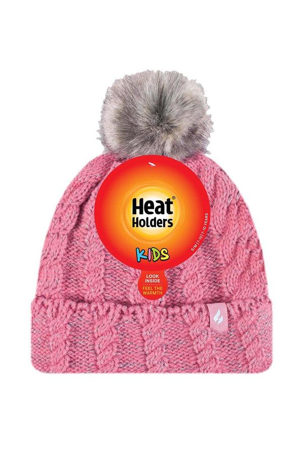 heat holders Kids' Cable Knit Roll Up Pom Pom Hats Coral/Light Grey