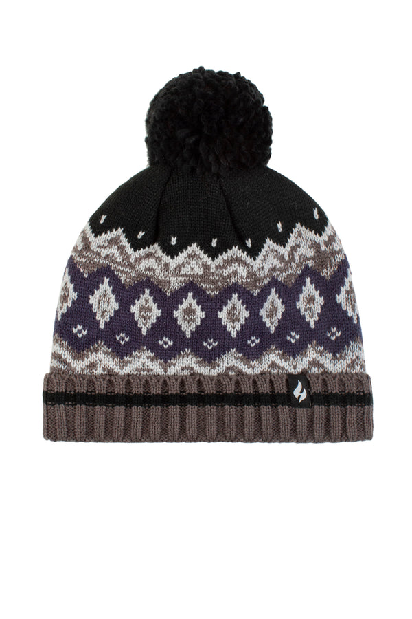 Heat Holders Men's Dylan Patterned Hat With Pom Pom Grey/Navy