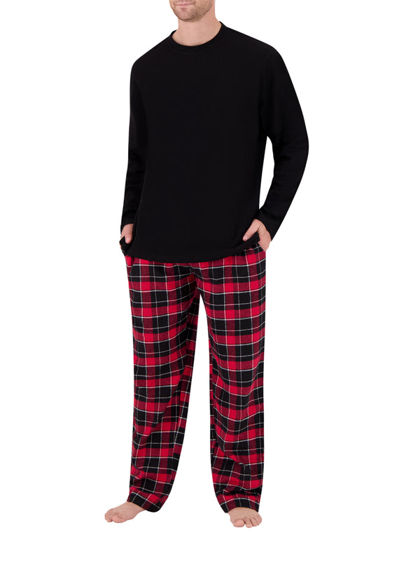 Heat Holders Men's Flemming Waffle Top/Flannel Pants Pajama Set Black/Red/Black