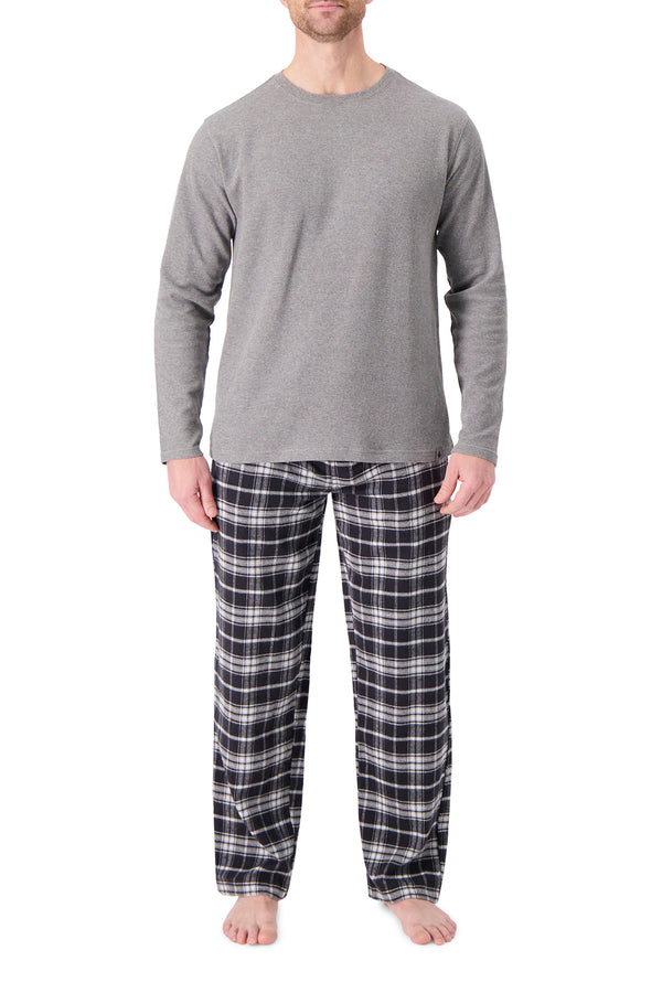 heat holders Men's Flemming Waffle Top/Flannel Pants Pajama Set Black/Red/Black