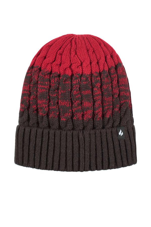 Heat Holders Men's Mavis Three-Tone Cable Knit Roll Up Hat Charcoal/Red